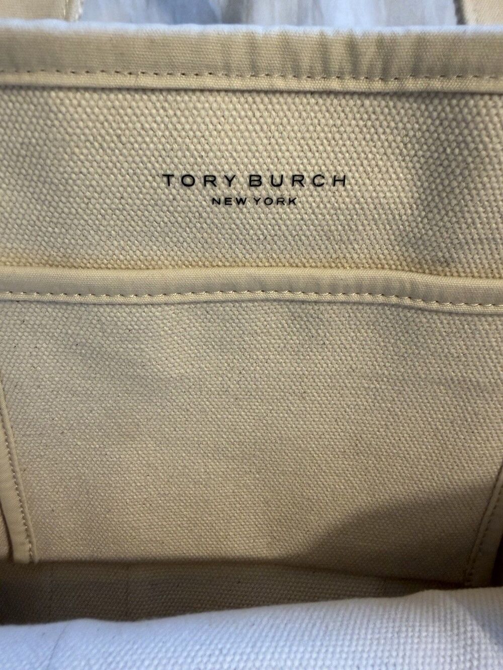 Tory Burch Large Canvas Tote Natural/Navy Blue Trim Market Shopper Beach 17x13 - Picture 11 of 15
